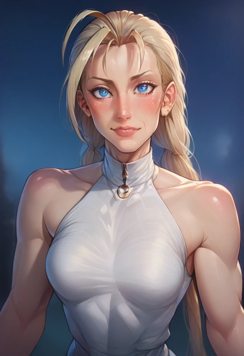 score_9, score_8_up, score_7_up, score_6_up, 1girl, High resolution, Very detailed, perfect lighting, beautiful detailed eyes, ((masterpiece,Best Quality)), mature female,Cammy White, \(Street Fighter\), scar on cheek, blue eyes, blonde hair, long hair, twin braids, antenna hair, lips, lipstick, in heat, aroused, high quality beautiful lights around the body, Fireworks Background, cameltoe, front, Embarrassed, blush, smile, medium breasts, bare shoulders, halterneck dress, white dress, sleeveless turtleneck, stadding, Looking at the viewer, night,  