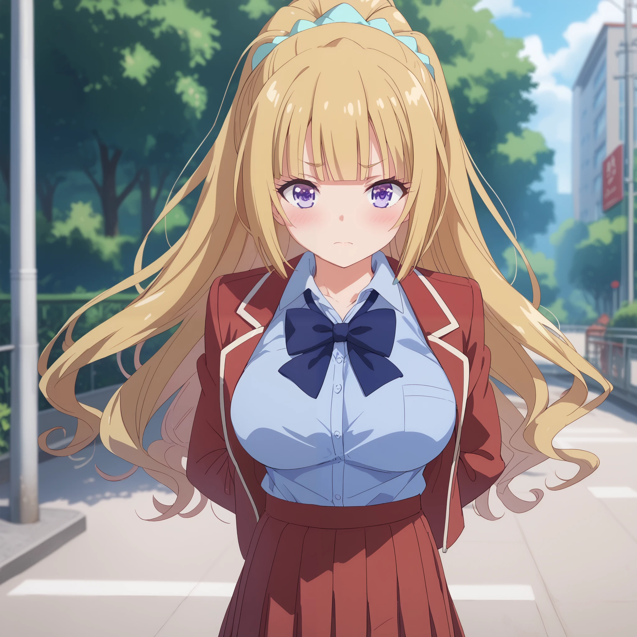 skirt, shirt, bow, school uniform, jacket, red jacket, pleated skirt, bowtie, sweater, blue bow, blue shirt, (arms behind back:1.4), breast, (huge breast:1.0), (blush), 8k masterpiece, (1girl, solo),kei karuizawa, long hair, bangs, blunt bangs, purple eyes, blonde hair, hair ornament, ponytail, scrunchie, blue scrunchie,