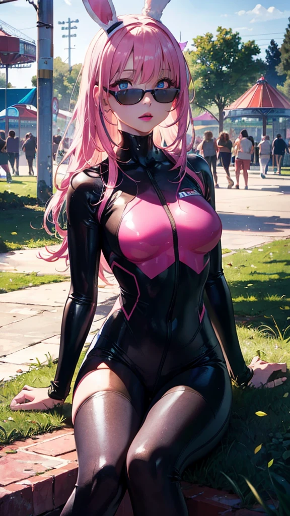 beautiful girl,(Racing girl),Leather jumpsuit,(黑色Leather jumpsuit),Leather Clothes,Pink long hair,(Pink Hair),Bangs,Zipper to open,(Leather jacket zipped up),((Cleavage)),Open your heart,(Shy expression),Sit on a race car,Blue sky and white clouds