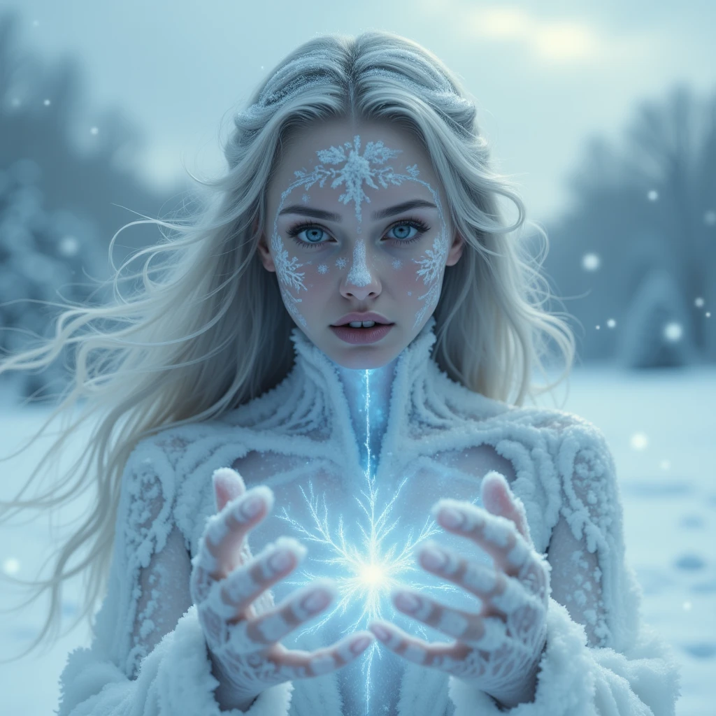 hyper detailed, hyper realistic photo of a beautiful girl while being transformed by a spell into a snowman.