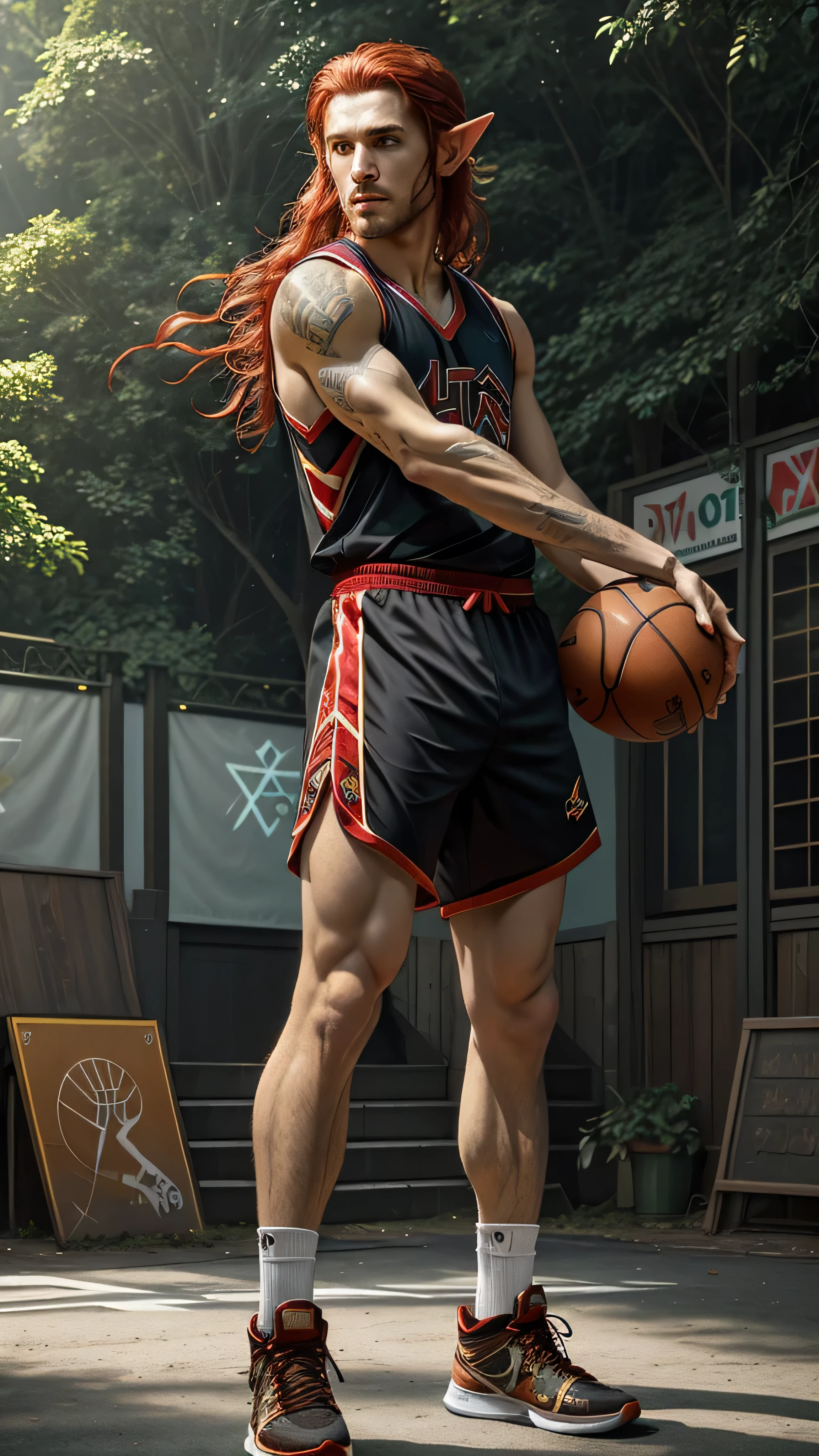 elf, male, basketball player, pointed ears, long tied-back red hair, sharp piercing hazel eyes, sleek basketball jersey, shorts, elven-inspired patterns, high-top sneakers with glowing runes, mid-action, powerful slam dunk, basketball glows faintly with a magical aura, tall athletic, outdoor urban basketball court, graffiti-covered court, trees, city buildings, energetic inspiring atmosphere, (insanely detailed, beautiful detailed face, masterpiece, best quality), cinematic lighting, solo, (full body view), front view, looking at viewer, intricate, high detail, sharp focus, dramatic, photorealistic painting art by greg rutkowski