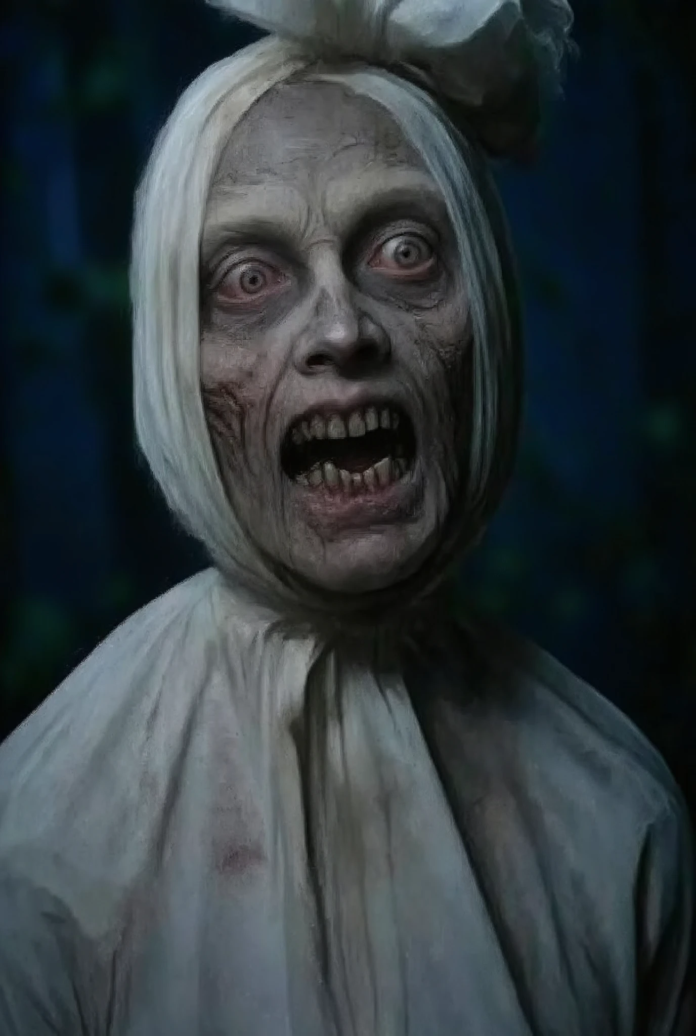 
a zombie wearing white clothes. Open mouth, full body portrait, zombie face at night, dark background, old hospital, horror, gloomy, moody lighting, (best quality,4k,8k,highres,masterpiece:1.2),ultra-detailed,(realistic,photorealistic,photo-realistic:1.37),horror,dark,dramatic lighting,eerie atmosphere,detailed face features,long claws,decaying skin,bloodshot eyes,sharp teeth,tattered clothes,dirty,grime,dilapidated building,cobwebs,shadows,fog,cinematic composition