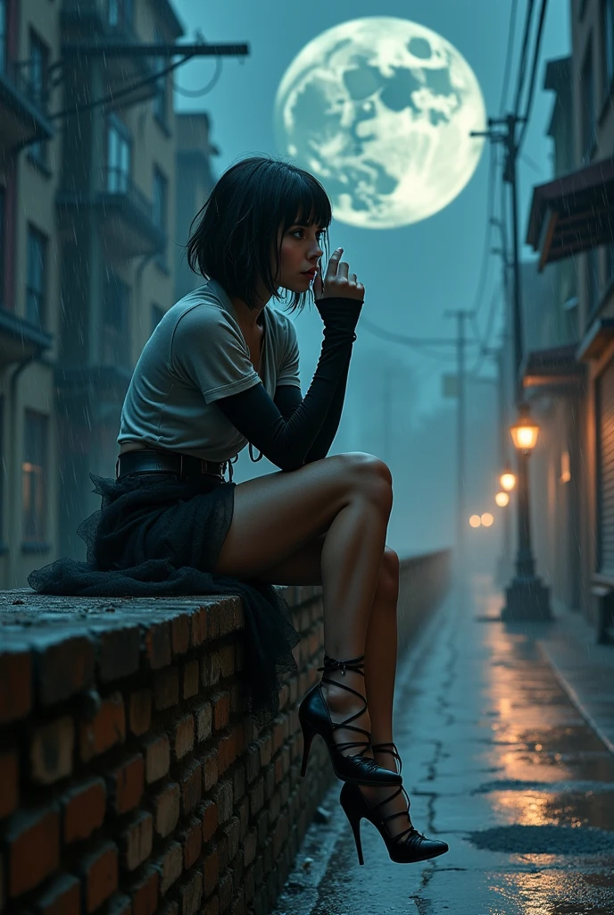 A photorealistic girl with a mesmerizing gaze, sitting on a high weathered old brick wall, with folded arms on the chin, battered by a torrential windstorm and heavy rain, adorned with a flowing long tulle scarf, showcasing flawless legs and heels, dressed in a long-sleeved shirt and an uplifted mini skirt, with short, raven-black long hair, set against a dark city sidewalk, with dimmed lights, mist, and dripping water, under the ominous glow of a full dark moon, her eyes locked intensely on the sky. 