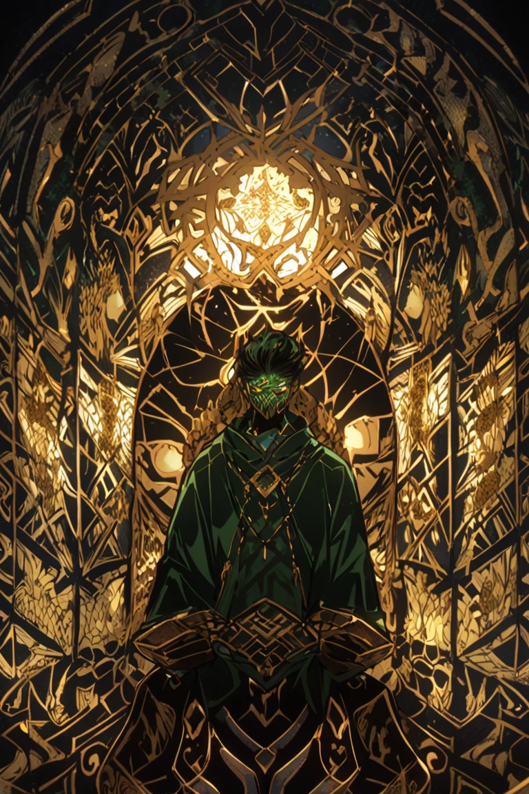 (Shounen Art Style) Make a anime man,  whose calm presence radiated balance and wisdom. He wore an elegant yet practical robe adorned with dragon motifs in shades of deep green and gold. A strong figure with a serene expression, his chiseled jaw and expressive amber eyes carried a sense of power combined with a certain gentleness, reflecting his worshipful nature. His dark hair was tied back neatly, allowing his thoughtful features to shine through. Despite the gathering of grieving hearts, Kamado remained quietly resolute. “I believe that Akira still lives in some form—the bond he created with us, the energy of his spirit cannot simply vanish.” While everyone else shook their heads, pushing aside his hopeful thoughts, Kamado stayed firm, his belief a flicker of light within the darkness.
