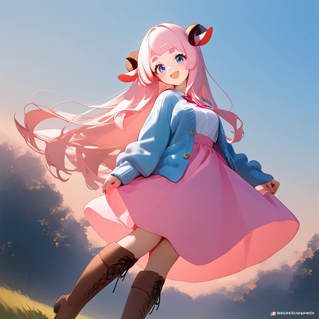 score_9, score_8_up, score_7_up, source_anime, (masterpiece:1.3, best quality:1.3, 8k,  highres icon:1.3, good anatomy), 1girl, Put a white beard on your nose :1.5,  pink fluffy long hair \ Fluffy Long Hair, Sheep&#39;s round horns, Thick eyebrows, smile,  Pink Dress ,  sky blue cardigan ,  brown boots ,  cute BREAK Alphonse Mucha background:1.5