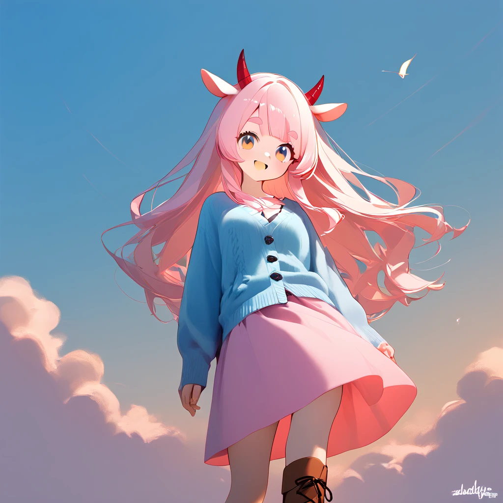 score_9, score_8_up, score_7_up, source_anime, (masterpiece:1.3, best quality:1.3, 8k,  highres icon:1.3, good anatomy), 1girl, Put a white beard on your nose :1.5,  pink fluffy long hair \ Fluffy Long Hair, Sheep&#39;s round horns, Thick eyebrows, smile,  Pink Dress ,  sky blue cardigan ,  brown boots ,  cute BREAK Alphonse Mucha background:1.5