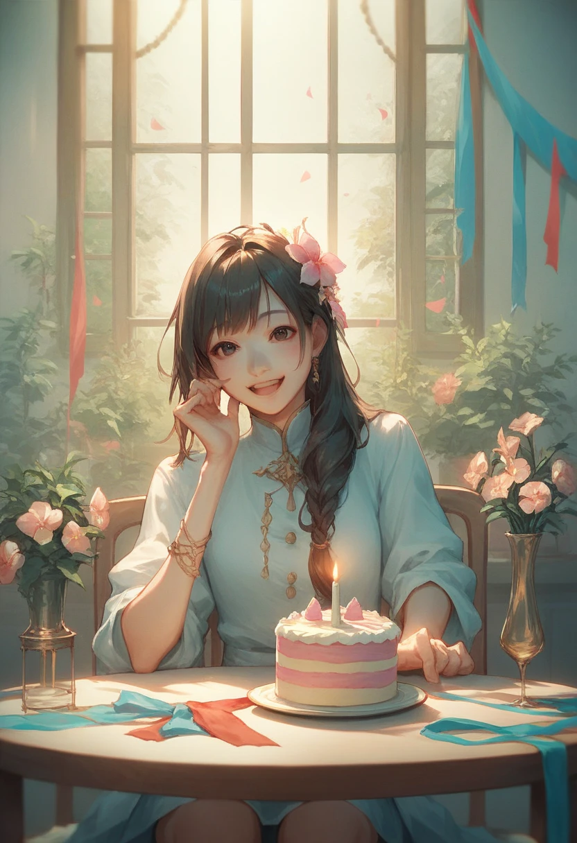 An Asian woman in her 30s is sitting at a table, birthday cake on the table, angel trumpet flowers stuck in a vase, candle flame lit, birthday present, happy birthday!