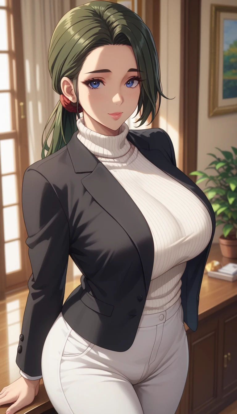 (masterpiece, best_quality:1.2), 1girl, solo, mature female, dark-green hair, low ponytail, (turtle neck white sweater, white pants, black blazer), beautiful eyes, female focus, looking at viewer, large breast, wide hips, ((above view)) ((close up shot)) ((solo)) detailed, very high resolution, no blurry image, standing, beautiful, elegant, serene expression, intricate details, detailed background, bedroom:1.3