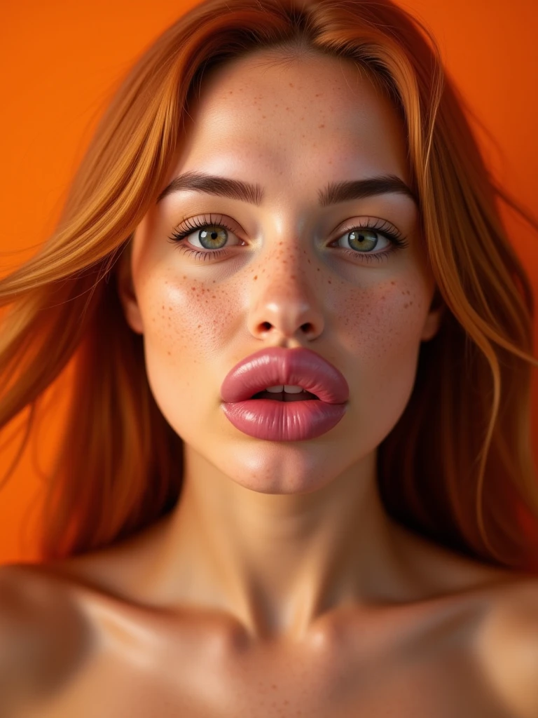 Close-up of a woman's head. She has pink big pouty lips and she wears nothing, naked. She has slightly visible freckles and long blonde hair and her body radiates a natural beauty. Her hair blows in the wind. The woman is illuminated from the front by soft natural daylight. But the background is also covered in a single tone warm orange. Her lips are puckered up, naked, big boobs, big lips, big eyes, red hair