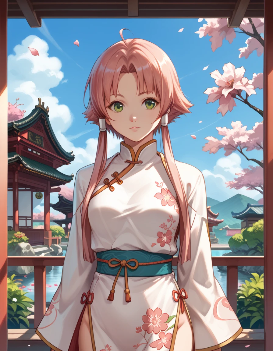 score_9, score_8_up, score_7_up,1girl, mizunashiakari, pink hair, short hair with long locks, green eyes, perfect beautiful face,  extremely detailed face, long eyelashes, white cheongsam, (outdoors, day, blue sky, japanese garden, sakura petals) / standing in kung fu pose