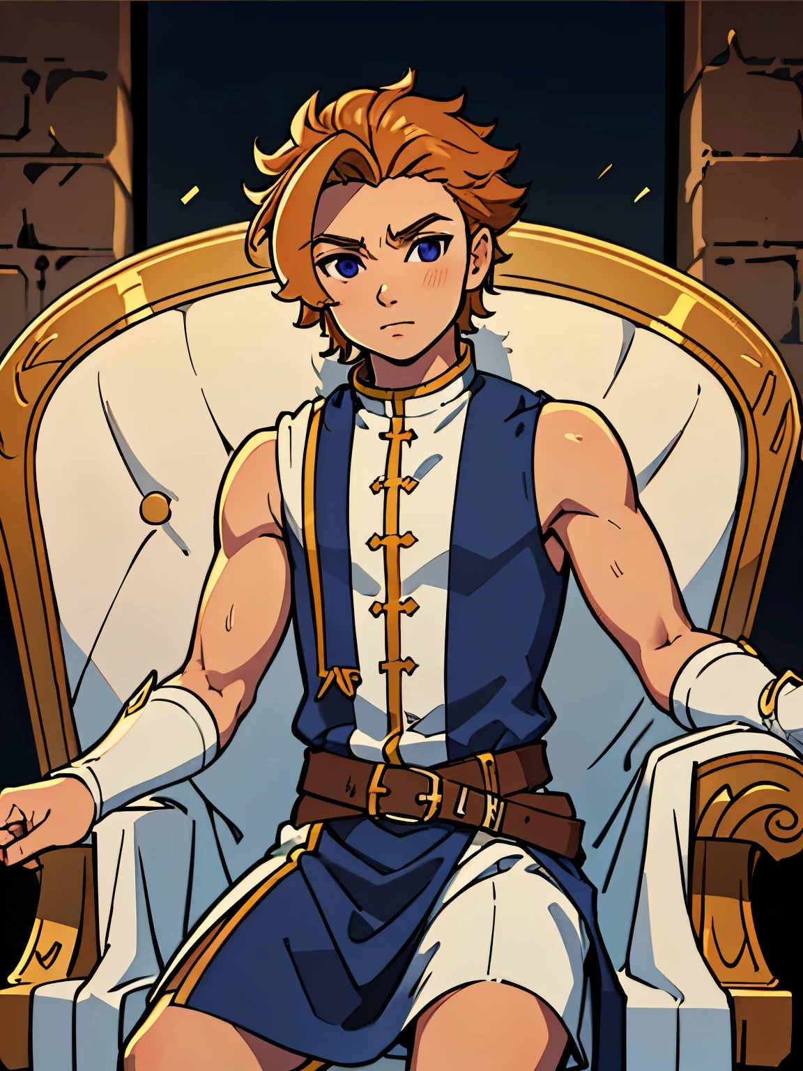 masterpiece, best quality, high quality, 1boy, solo, male focus, looking at viewer, Look like young boy, depth of field, arthur_pendragon, bare shoulder, throne, Sleeveless uniform