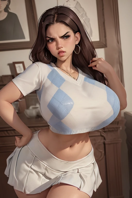 (best quality), (masterpiece), 1 girl, early 20's, huge heavy breasts, busty, perky breasts, thick, thick lips, wide hips, thin waist, angry face, angry expression, pleated skirt, argyle crop top