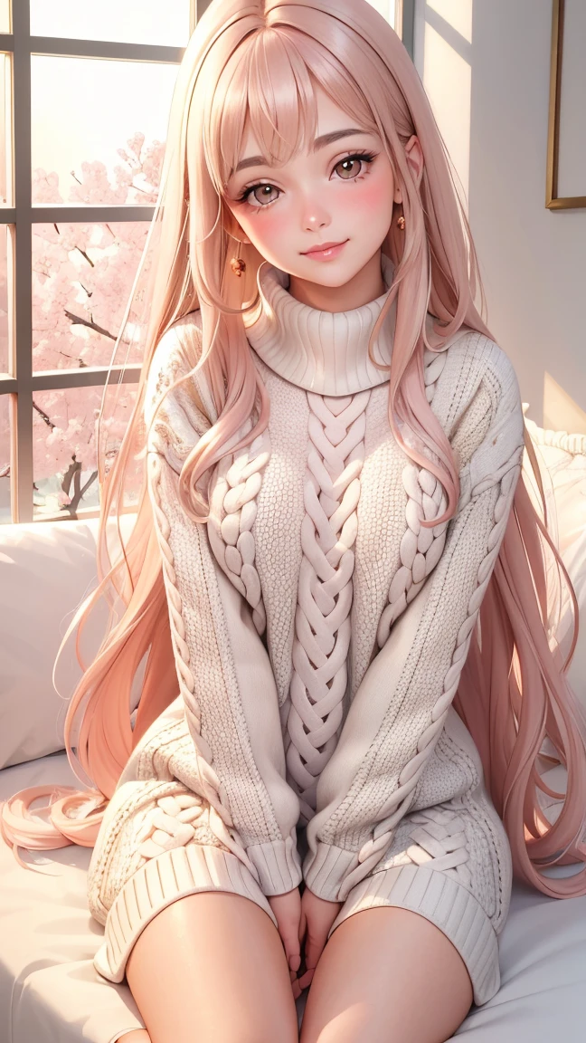 (​masterpiece、top-quality)、1 beutiful girl、A smile、Slim body、(Plain clothe:1.1)、(Detailed beautiful eyes)、Bedroom、in a house、Pink longhair