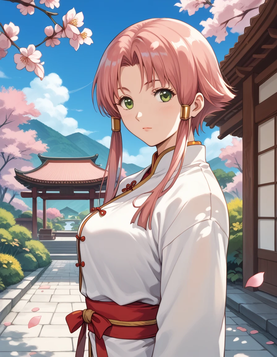 score_9, score_8_up, score_7_up,1girl, mizunashiakari, pink hair, short hair with long locks, green eyes, perfect beautiful face, extremely detailed face, long eyelashes, white cheongsam, (outdoors, day, blue sky, japanese garden, sakura petals) / standing in kung fu pose, closeup, cowboy shot, 80swa