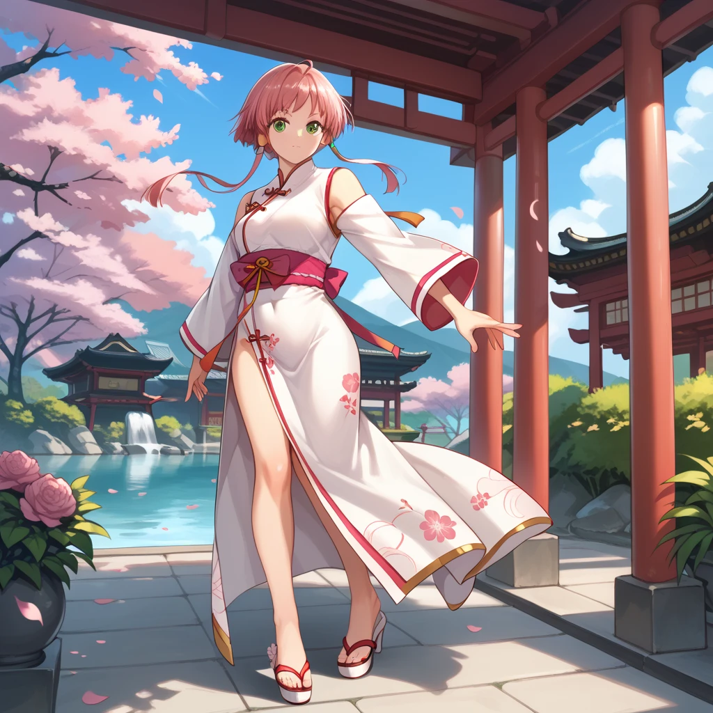 score_9, score_8_up, score_7_up,1girl, mizunashiakari, pink hair, short hair with long locks, green eyes, perfect beautiful face,  extremely detailed face, long eyelashes, extremely detailed feet, white cheongsam, white hing heels, (outdoors, day, blue sky, japanese garden, sakura petals) / standing in kung fu pose