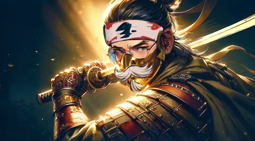 masterpiece:1.2, best quality, ultra detailed, samurai, glasses, A cover art in anime style featuring a samurai theme inspired by Ghost of Tsushima. The central figure is Jin Sakai, the protagonist, wite a gold mask that have mustashe, depicted in a dynamic and heroic pose. He is dressed in traditional samurai armor,