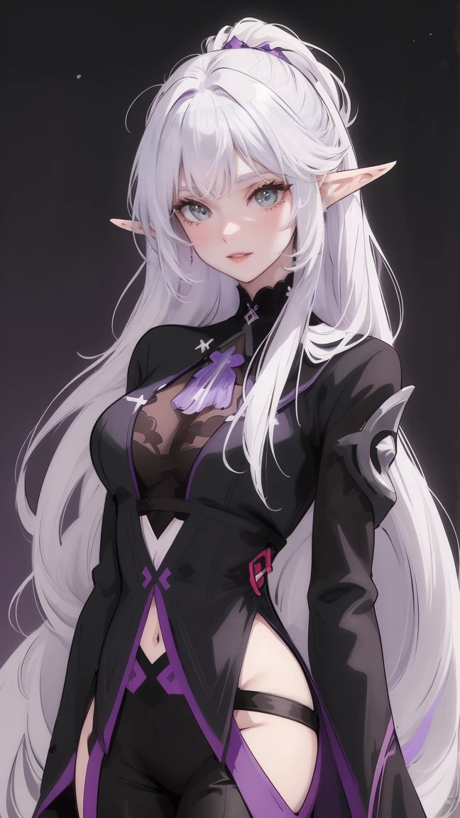 Girl with long hair, white hair, ((light purple eyes)), anime aesthetic, anime vibes, Anime, noble girl, anime art wallpaper 4 k, anime art wallpaper 4k, anime art wallpaper 8 k, anime background art,anime asthetic, masterpiece , top quality, rainbow style, anime, beautiful asian girl, along hawaiian coast, cute and dreamy, anime, illustrator, lofi girl, blues, landscape, sunset, night ,2D style anime, , analog color theme, Ghibli Style, fantasy, ((masterpiece)),(((best quality))),(character design sheet, same character, front, ), elven woman, ((side view:0.5)) anime girl, Gesture, character design. ((light purple eyes)). 1girl, solo, teenager, ((white hair)), ((light purple eyes)), pants, long sleeves, pointed ears. ((black clothes))
 ((genshin impact style))