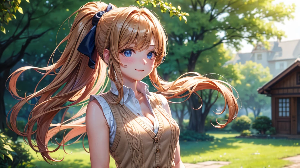 (top-quality、masterpiece)、(Realistic lighting with shadows)、huge filesize、hight resolution、elegent、realisitic、intricate detailes、(Perfect anatomical depiction of the human body)、One girl with super huge breasts、((Miraculous super big))、She is a teenage girl、Beautiful bright blue eyes with glowing highlights、Attractive little lips without lipstick、It's a brunette dancing in the wind, Her hair shines golden in the backlight of the sun、 She is a schoolgirl summer outfit、Crimson ribbon tie and neat white blouse、And wearing a blouse that is too cramped for her super huge breasts。The skirt is pleated mini tartan plaid、Although the girl's breasts are not exposed at all、Very big breasts、It turned out to be a very beautiful school goddess。、The photo taken from the front is、It is a beautiful face like a pretty flower.., You can see it in the photo with flowers blooming in a corner of a village rich in nature.