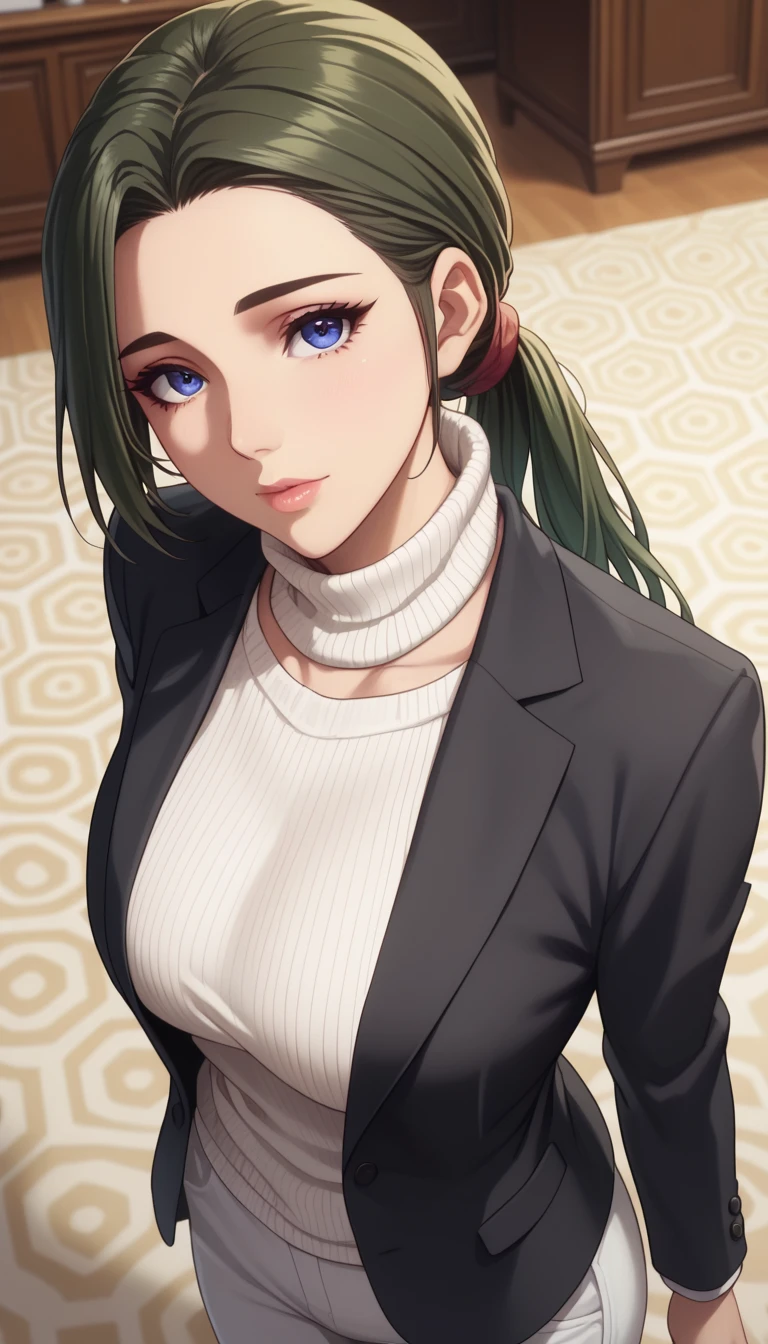 (masterpiece, best_quality:1.2), 1girl, solo, mature female, dark-green hair, low ponytail, (turtle neck white sweater, white pants, black blazer), beautiful eyes, female focus, looking at viewer, ((above view)) ((close up shot)) ((solo)) detailed, very high resolution, no blurry image, standing, beautiful, elegant, serene expression, intricate details, detailed background, bedroom:1.3