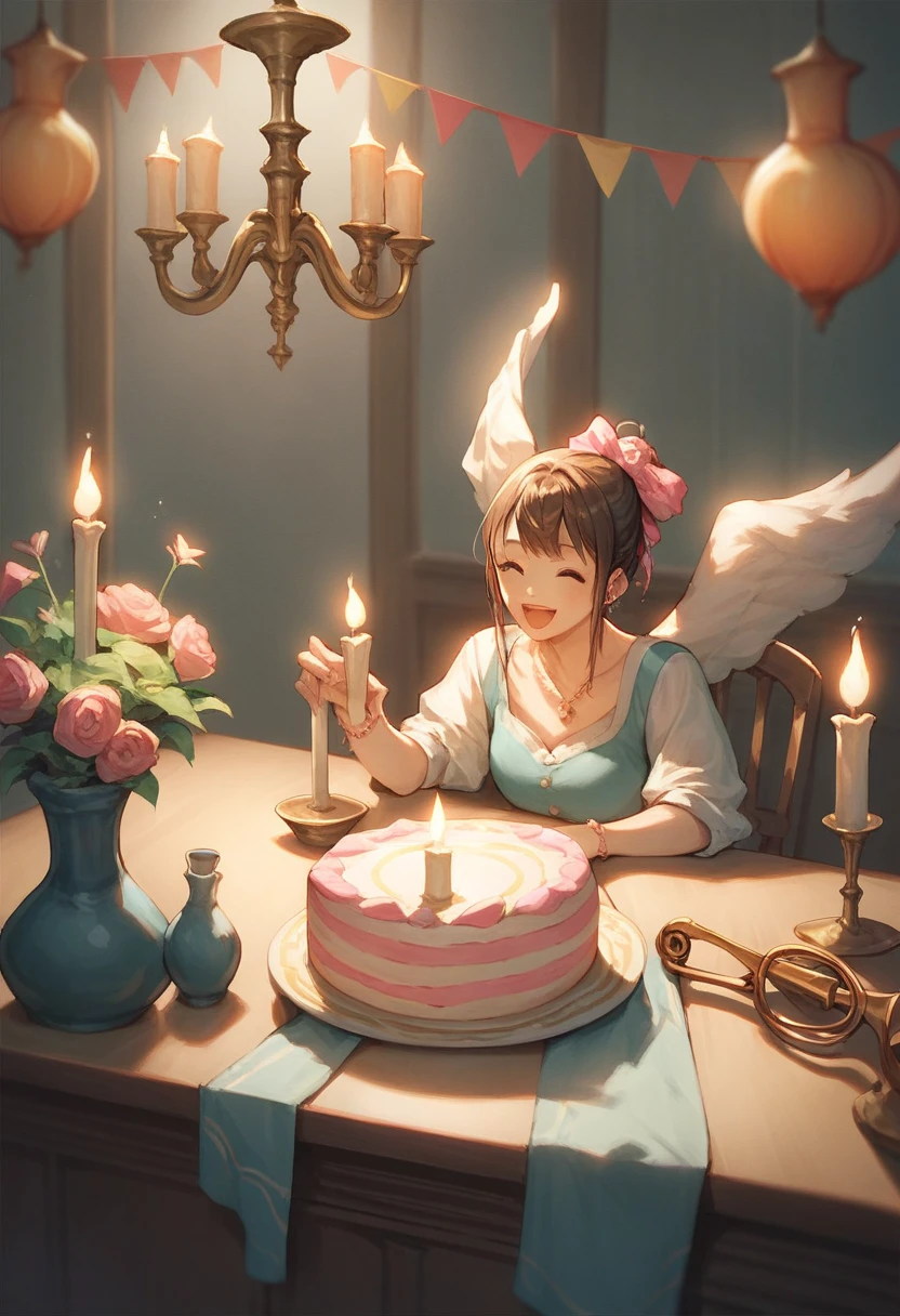 An Asian woman in her 30s is sitting at a table, one-hole cake on the table, angel trumpet flowers stuck in a vase, candle flame lit, birthday present, happy birthday to her beau friend! and she is celebrating.