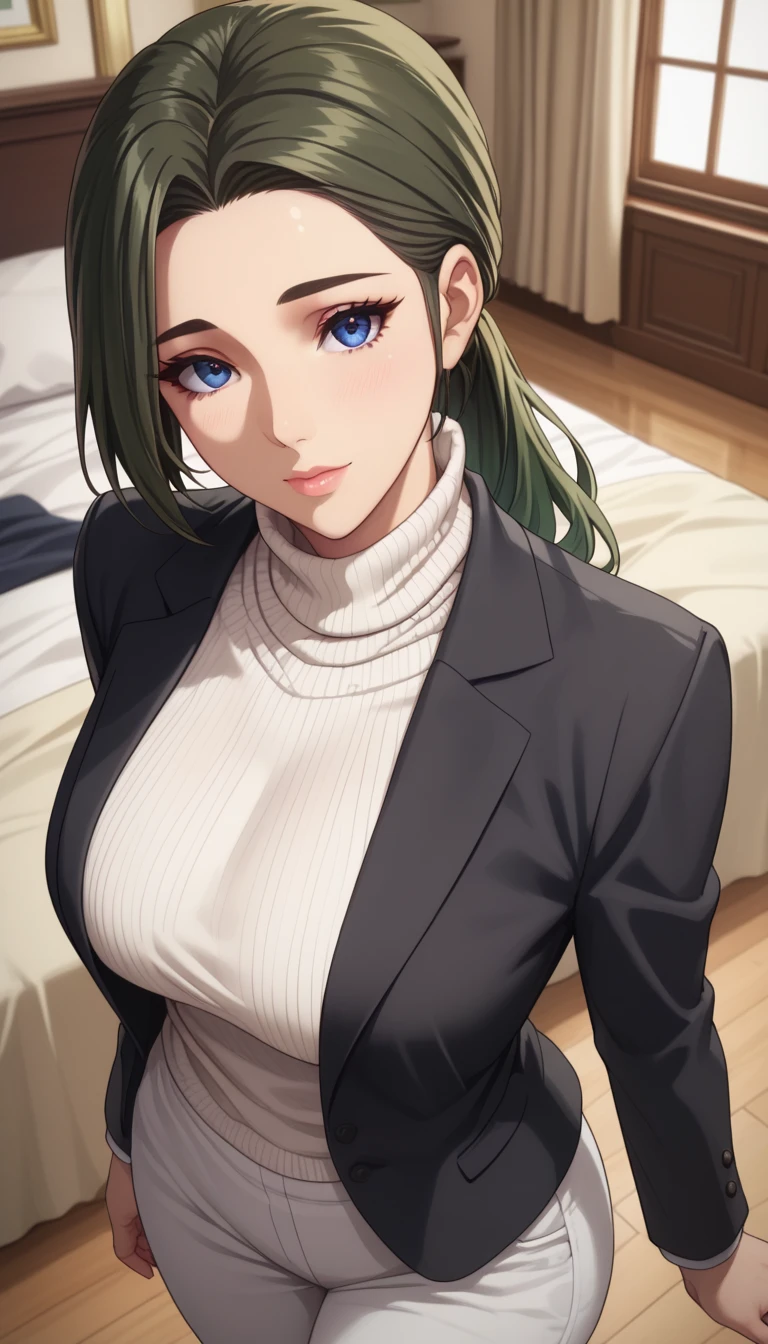 (masterpiece, best_quality:1.2), 1girl, solo, mature female, dark-green hair, low ponytail, (turtle neck white sweater, white pants, black blazer), beautiful eyes, female focus, looking at viewer, wide hips, ((above view)) ((close up shot)) ((solo)) detailed, very high resolution, no blurry image, standing, beautiful, elegant, serene expression, intricate details, detailed background, bedroom:1.3