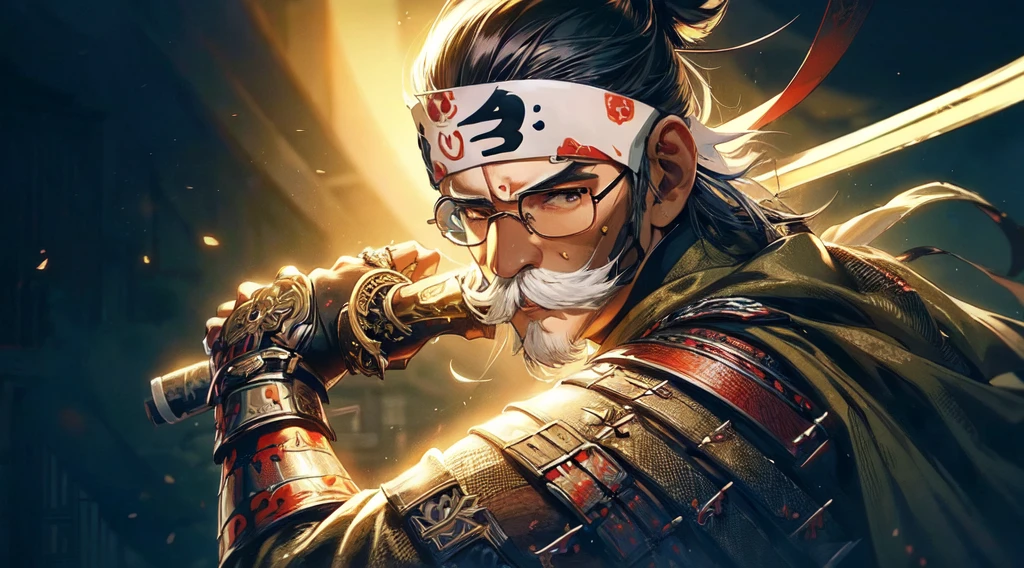 masterpiece:1.2, best quality, ultra detailed, samurai, glasses, A cover art in anime style featuring a samurai theme inspired by Ghost of Tsushima. The central figure is Jin Sakai, the protagonist, wite a gold mask that have mustashe, depicted in a dynamic and heroic pose. He is dressed in traditional samurai armor,