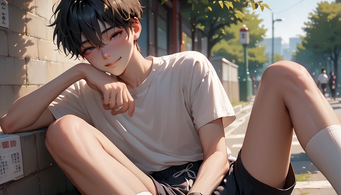 a chinese femboy is naked at the park, he show his small hairless flaccid down penis while he is sitte down in a school class during a lesson, he wears only a dark style t-shirt and is shorts off. He has a very skinny and , he is completely hairless, slim, his age is 15 and looking youger than si age , looking shy but happy, dark fancy hair, great visual detail and vivid romantic colors, cute face, slim legs, he piss precumover his happy face