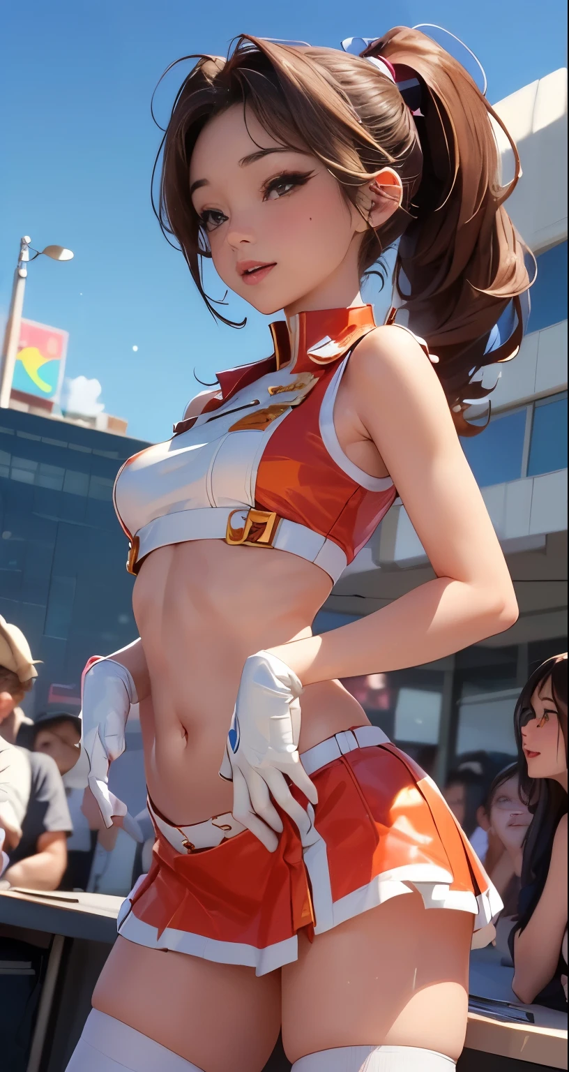(((masterpiece))), ((( top quality))), super high resolution, caustics , Details, ((Beautiful Details Eyes)),perfect anatomy,nsfw, Alone,Idol、conquer、 other than an airplane , cowboy shooting,-yeld bey ,blush、( has red cheeks:1.5)、 Embarrassing Smile、 slender body, Tight Body , oily skin , Glittering Skin ,oily shiny skin、shiny skin, medium chest ,Underboob, Brown Eyes ,( ponytail),curly hair, brown hair, standing, (Idol、 White High Neck Sleeveless Shirt , belly button out, pussy on the desk,Idolユニフォームconquer miniskirtワンピース,White Knee Highs), lively streets、congestion、(( concert venue with many passers-by :1.5))、(Bokeh background:1·3), miniskirt、 micro panties outdoors in the woods,( cum in pussy :1.4)、Internal orgasm、( ahe face、、:1.1)、 Perfect Anatomy Fingers 、、 Colorful Thick Sole Sneakers、(Holding a micro with erotic hands:1.5)、( cum in pussy :1.4)