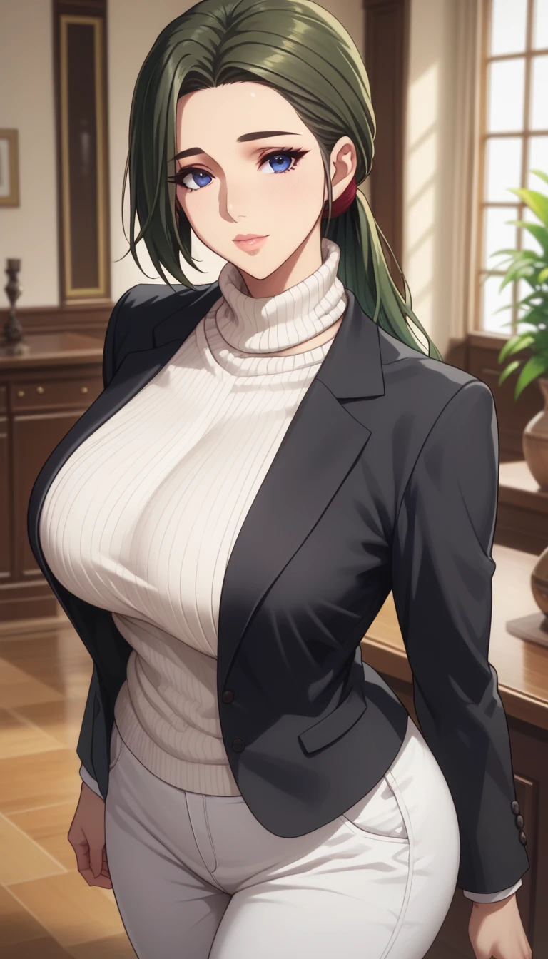 (masterpiece, best_quality:1.2), 1girl, solo, mature female, dark-green hair, low ponytail, (turtle neck white sweater, white pants, black blazer), beautiful eyes, female focus, looking at viewer, large breast, wide hips, ((above view)) ((close up shot)) ((solo)) detailed, very high resolution, no blurry image, standing, beautiful, elegant, serene expression, intricate details, detailed background, indoors:1.3