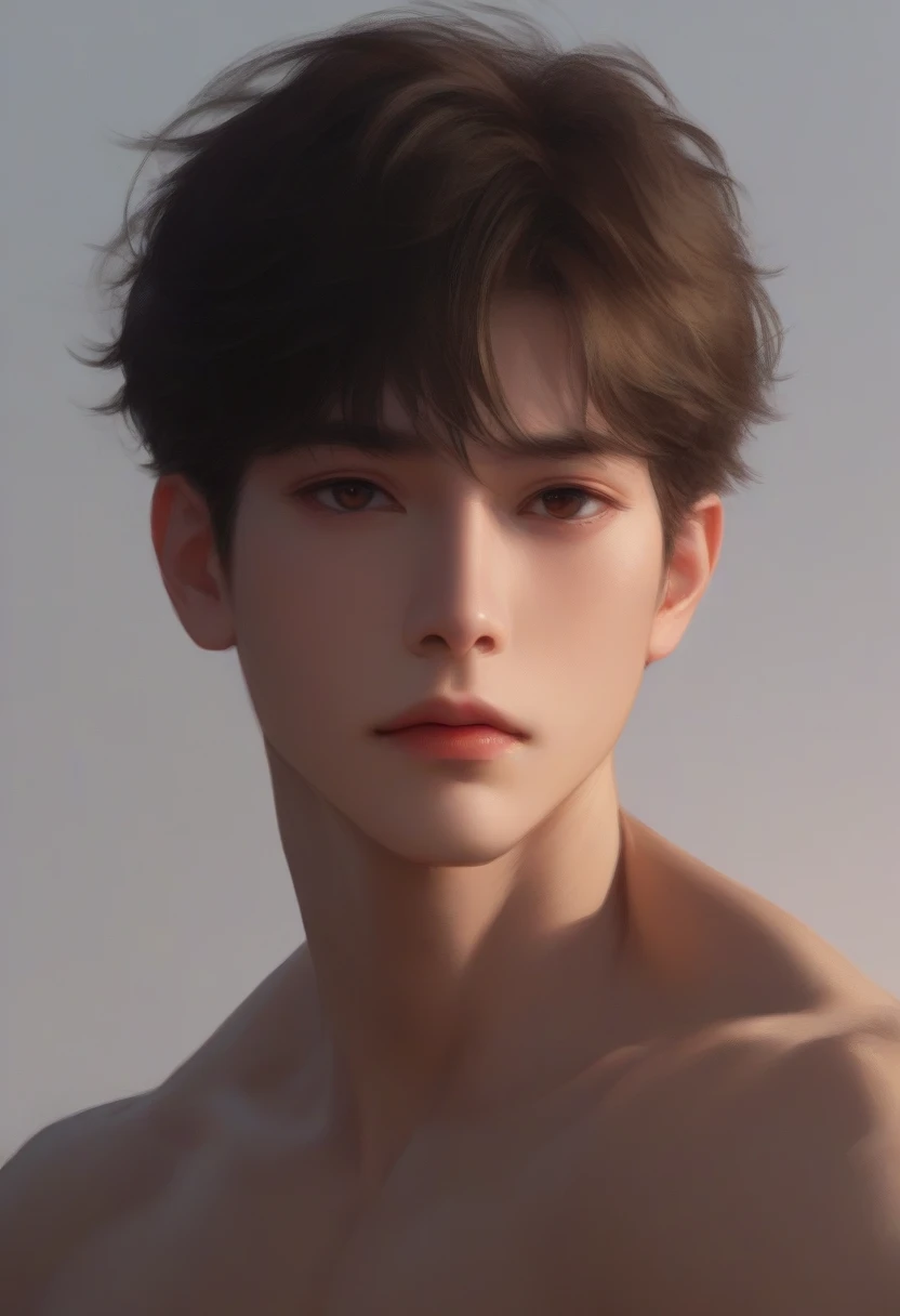 masterpiece, cel shading, soft colors, soft line drawing, anime style, 1man, adult male, upper_body, abdomen up, handsome man, Korean, short hair, leaf mullet, dark brown hair, studio lighting, 2.5D, skin, dark brown eyes, full soft lips l, muscular Utmost, abdomen