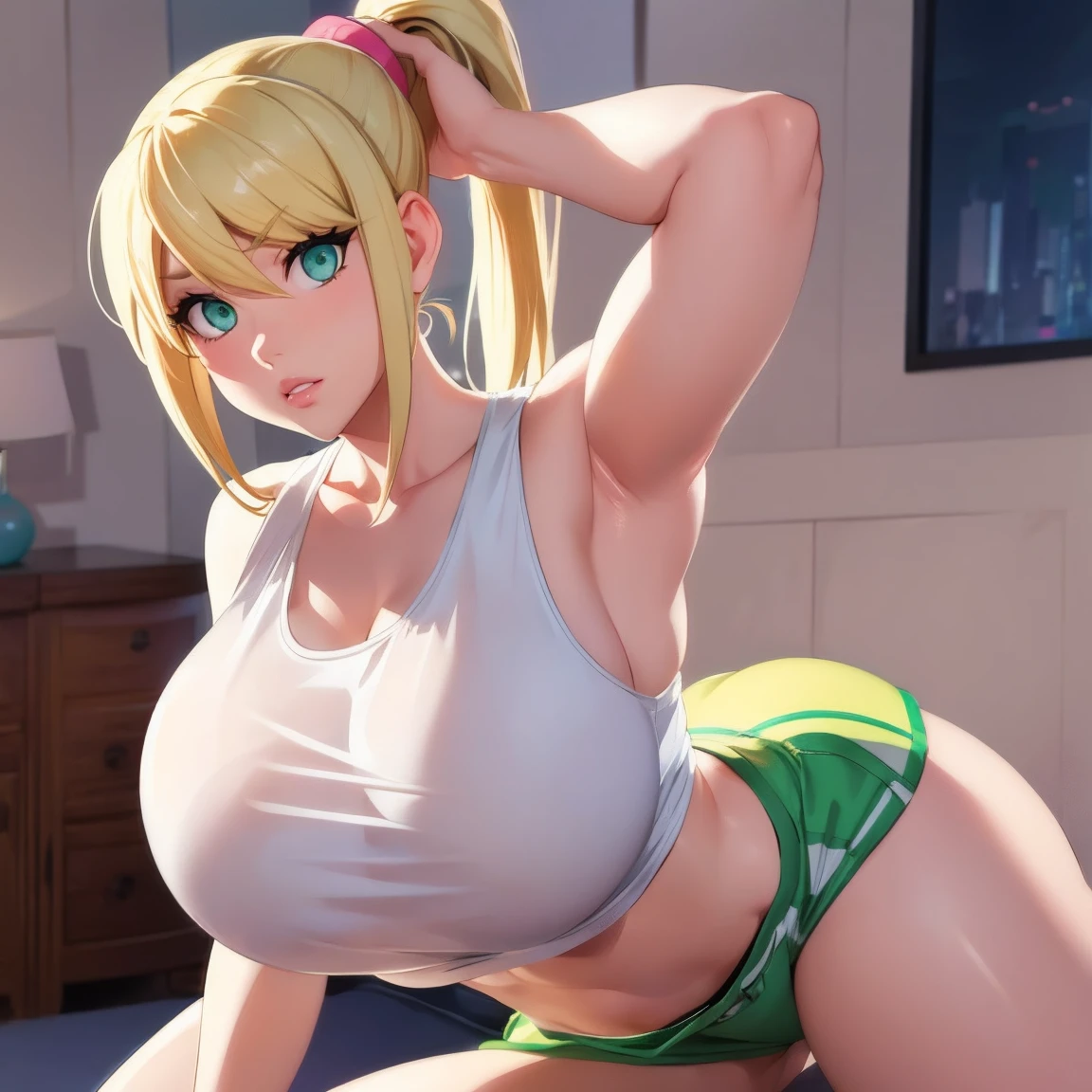 Blonde girl, high pony tail, green eyes, white tank top, botty shorts, huge breast, hyper anime, solo female, side swept bang, Samus Aran, dynamic lighting, living room, perfect hands, perfect face, perfect eyes, glossy lips