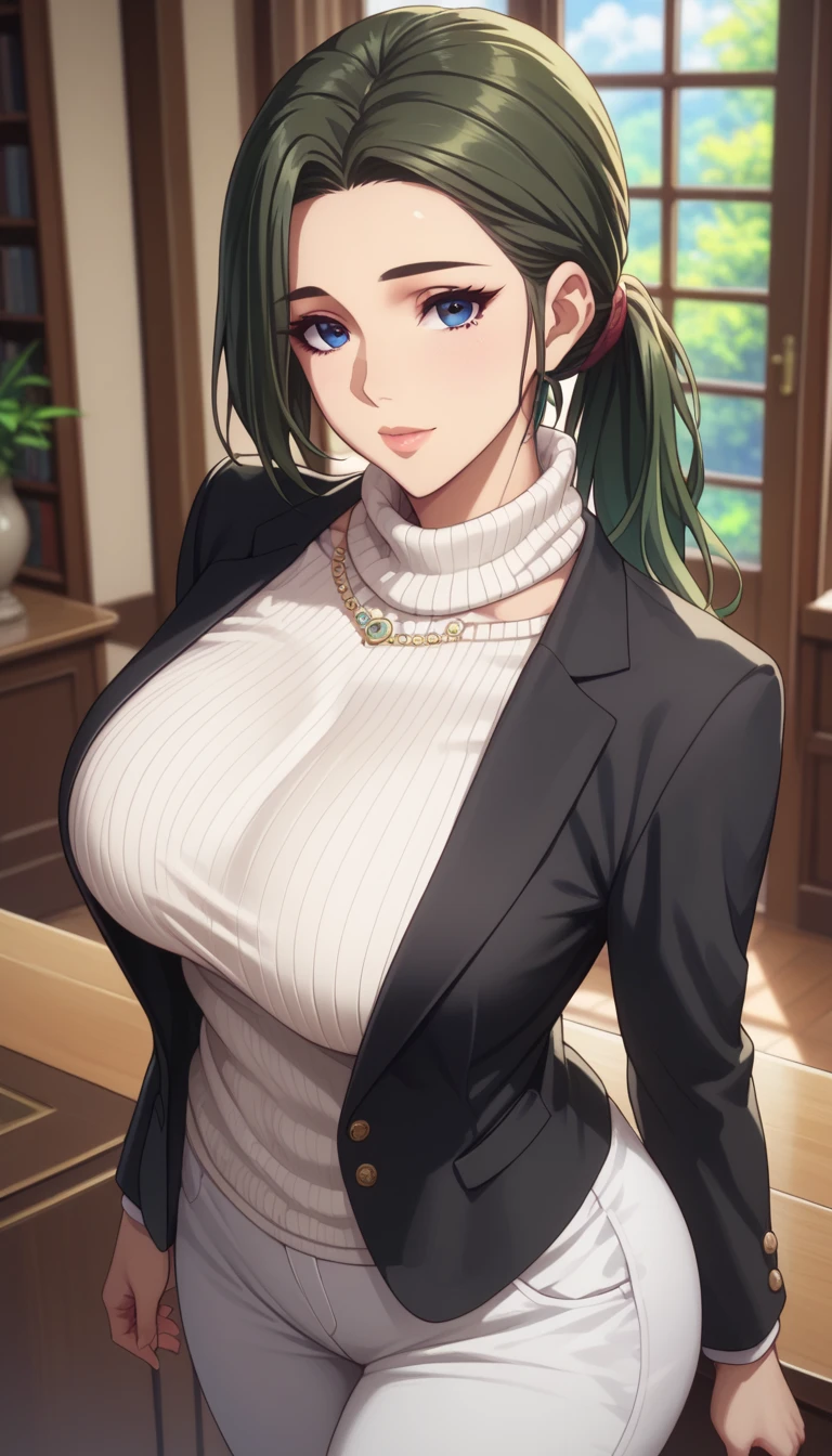 (masterpiece, best_quality:1.2), 1girl, solo, mature female, dark-green hair, low ponytail, (turtle neck white sweater, white pants, black blazer), beautiful eyes, female focus, looking at viewer, large breast, wide hips, ((above view)) ((close up shot)) ((solo)) detailed, very high resolution, no blurry image, standing, beautiful, elegant, serene expression, intricate details, detailed background, indoors:1.3