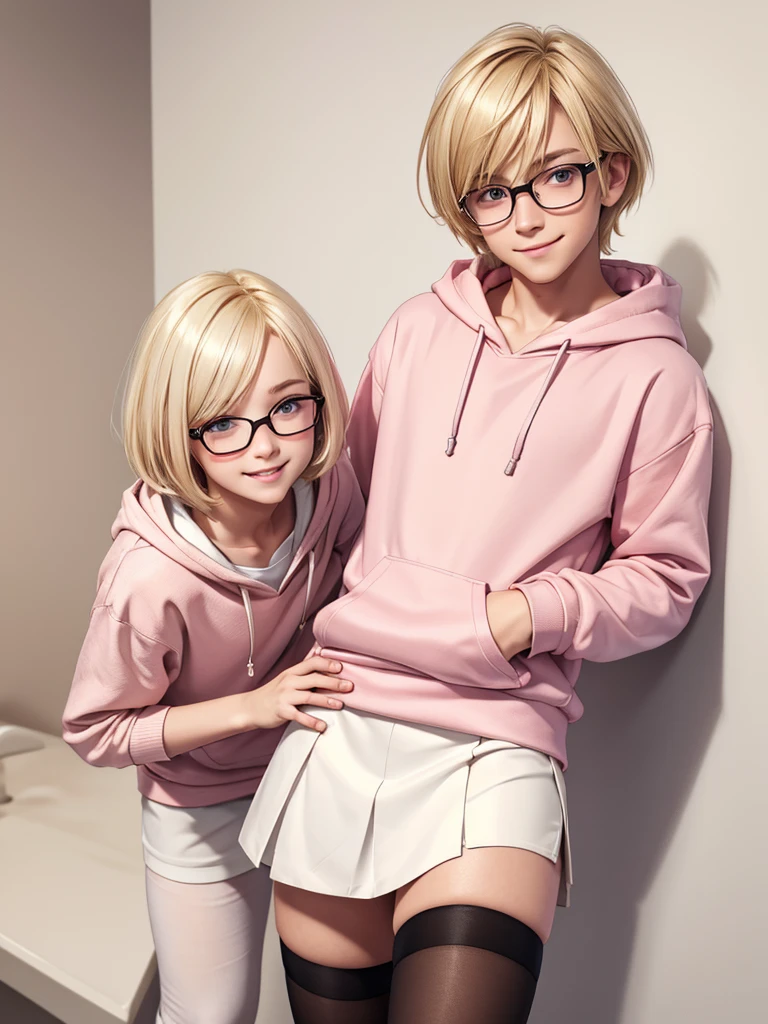 (best quality), 1boy, male, porcelain skin, blonde hair, straight hair, short hair, tousled hair, swept bangs, brown eyes, perfect eyes, glasses, pink hoodie, white skirt, thigh highs, flat chest, smile, blush, cute, masterpiece, anatomically correct, highres
