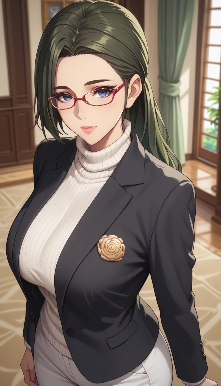 (masterpiece, best_quality:1.2), 1girl, solo, mature female, dark-green hair, low ponytail, (glasses, turtle neck white sweater, white pants, black blazer), beautiful eyes, female focus, looking at viewer, large breast, wide hips, ((above view)) ((close up shot)) ((solo)) detailed, very high resolution, no blurry image, standing, beautiful, elegant, serene expression, intricate details, detailed background, indoors:1.3