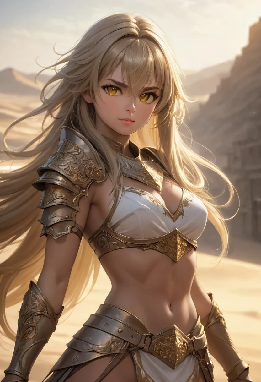 anime, sumiria, (a girl riding an horse war),(masterpiece, best quality, ultra detailed, best shadow), (detailed background, dark fantasy), (detailed human face and head), swords woman, female, best quality, cinematic lighting, dark, 1 girl, ancient salvo warrior, diffuse lighting, fantasy, intricate, highly detailed, face highly detailed face, realistic, photo realistic, digital painting, art station, illustration, concept art, sharp soft focus, solo, gloves, long hair, belly button, blonde and brown hair, desert sand, hair between eyes, white gloves, looking at viewer, finger less gloves, hold on, shoulders, large belt, elbows, yellow eyes, helmet, armor on abdomen, armor bronze, parted lips earth color , pants, sweat, yellow eyes, bandages, Slavic warrior, ((naked hard shredded abs)), happy, lying, Skinny.  (Medieval sword bonze)