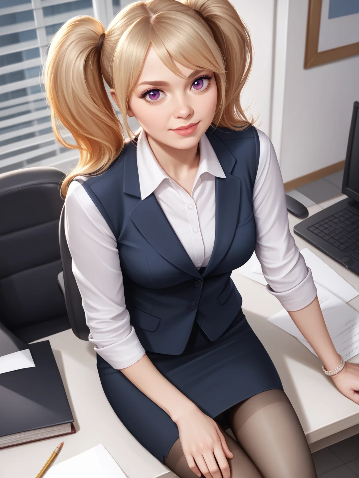 top angle, photorealistic, office-lady like Poppy, attractive facial, tights, in the office, evening, (masterpiece, best quality, highly detailed, 8k, UHD), (score_9, score_8, score_7)