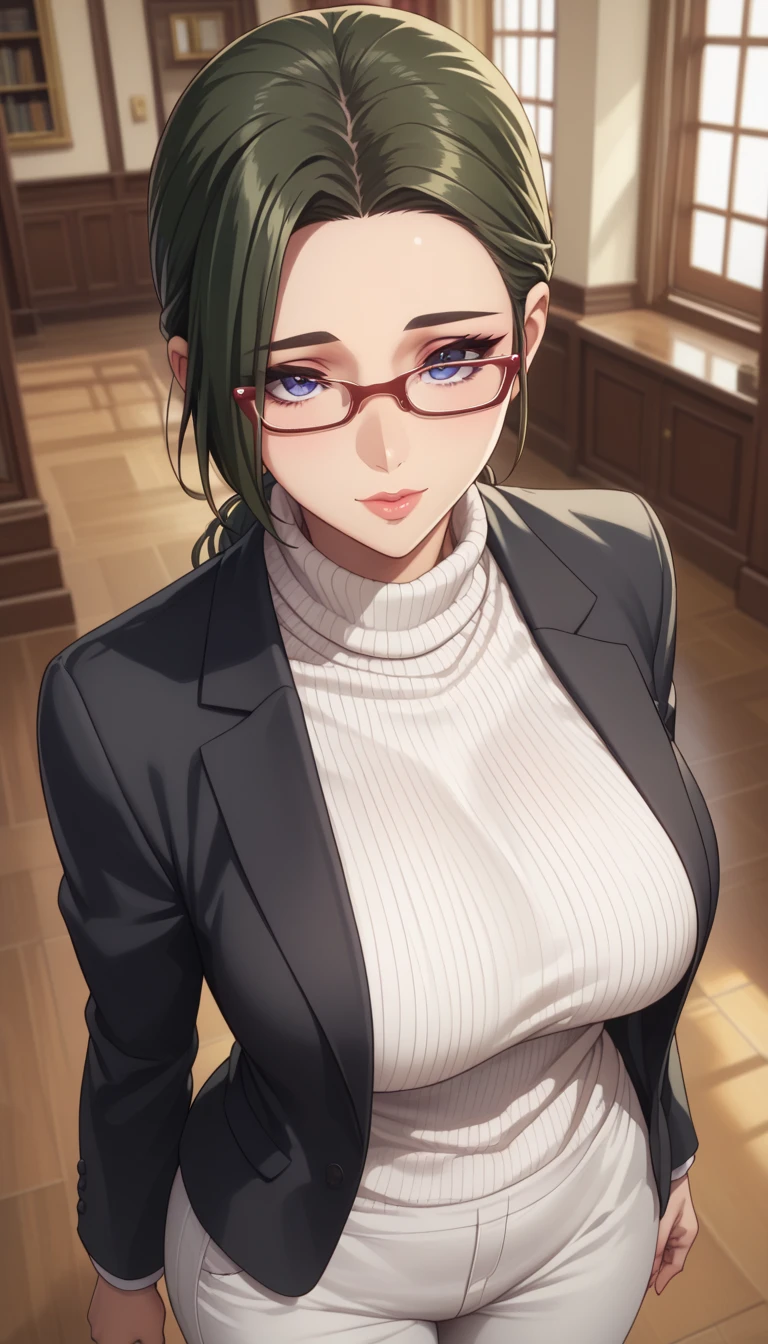 (masterpiece, best_quality:1.2), 1girl, solo, mature female, dark-green hair, low bun, (glasses, turtle neck white sweater, white pants, black blazer), beautiful eyes, female focus, looking at viewer, large breast, wide hips, ((above view)) ((close up shot)) ((solo)) detailed, very high resolution, no blurry image, standing, beautiful, elegant, serene expression, intricate details, detailed background, indoors:1.3