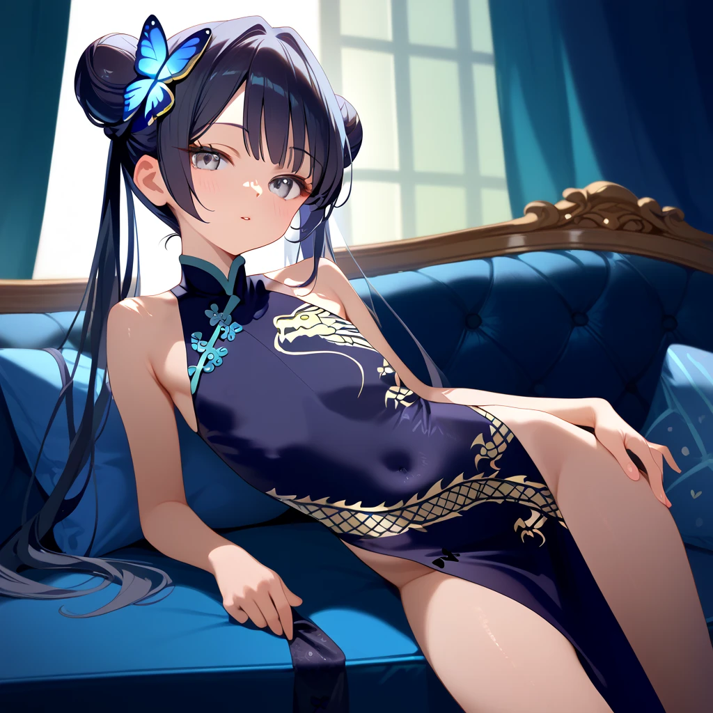 masterpiece,  top quality,  perfect face,  highest resolution, eyes showing the navel, Ryuuge Kisaki, young,  gray eyes,  black hair,  bun hair ,  twin tails, Butterfly Hair Ornament,  long hair,  flat chested, Chinese Dress , dragon print, Gold embellished dress, sofa,  night view