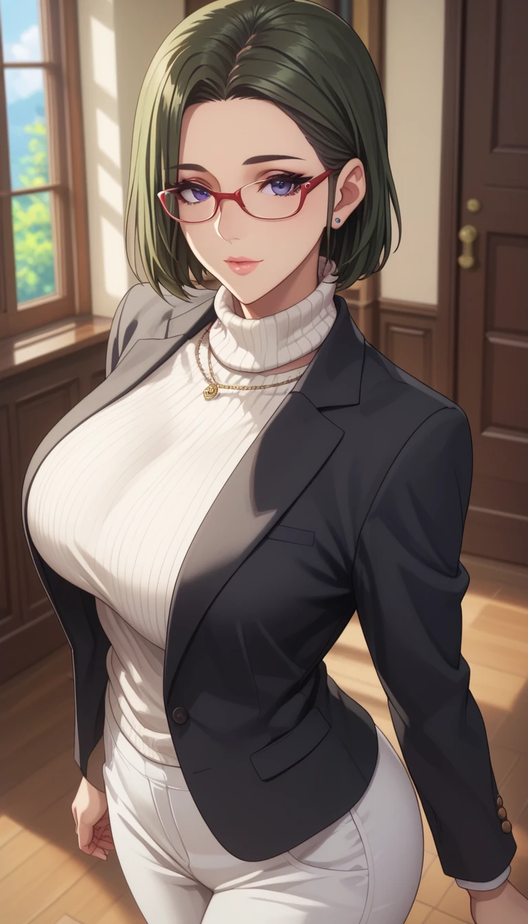 (masterpiece, best_quality:1.2), 1girl, solo, mature female, dark-green hair, bob cut, (glasses, turtle neck white sweater, white pants, black blazer), beautiful eyes, female focus, looking at viewer, large breast, wide hips, ((above view)) ((close up shot)) ((solo)) detailed, very high resolution, no blurry image, standing, beautiful, elegant, serene expression, intricate details, detailed background, indoors:1.3