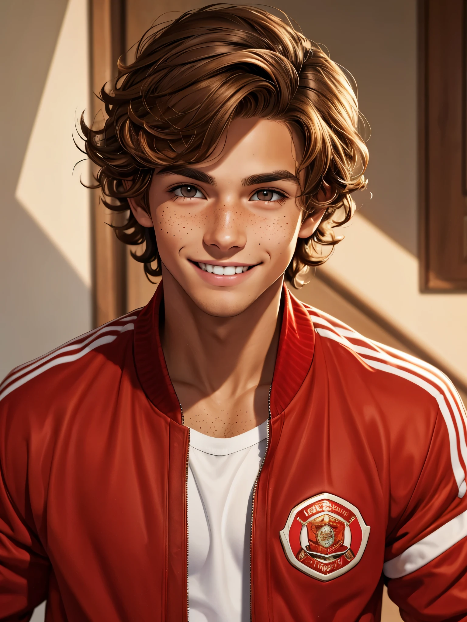 (best quality), 1boy, male, tanned skin, brown hair, medium hair, wavy hair, hazel eyes, perfect eyes, freckles, red varsity jacket, smile, boyish, masterpiece, anatomically correct, highres
