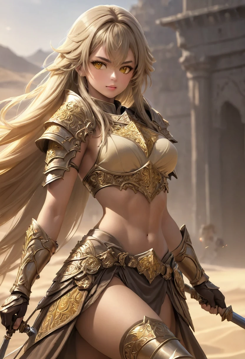 anime, sumiria, (a girl riding an horse war),(masterpiece, best quality, ultra detailed, best shadow), (detailed background, dark fantasy), (detailed human face and head), swords woman, female, best quality, cinematic lighting, dark, 1 girl, ancient salvo warrior, diffuse lighting, fantasy, intricate, highly detailed, face highly detailed face, realistic, photo realistic, digital painting, art station, illustration, concept art, sharp soft focus, solo, gloves, long hair, belly button, blonde and brown hair, desert sand, hair between eyes, white gloves, looking at viewer, finger less gloves, hold on, shoulders, large belt, elbows, yellow eyes, helmet, armor on abdomen, armor bronze, parted lips earth color , pants, sweat, yellow eyes, bandages, Slavic warrior, ((naked hard shredded abs)), happy, lying, Skinny.  (Medieval sword bonze)