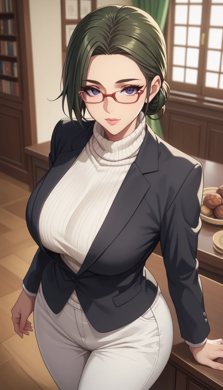 (masterpiece, best_quality:1.2), 1girl, solo, mature female, dark-green hair, low bun, (glasses, turtle neck white sweater, white pants, black blazer), beautiful eyes, female focus, looking at viewer, large breast, wide hips, ((above view)) ((close up shot)) ((solo)) detailed, very high resolution, no blurry image, standing, beautiful, elegant, serene expression, intricate details, detailed background, indoors:1.3