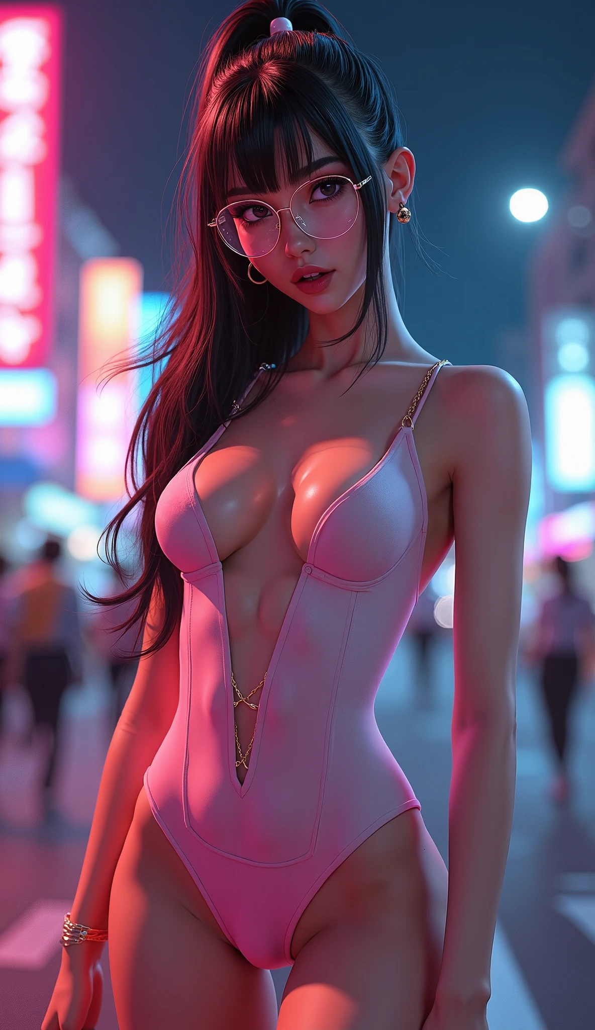 Beautiful girl, slim fit body, black hair , pink lips , bikini, panties
