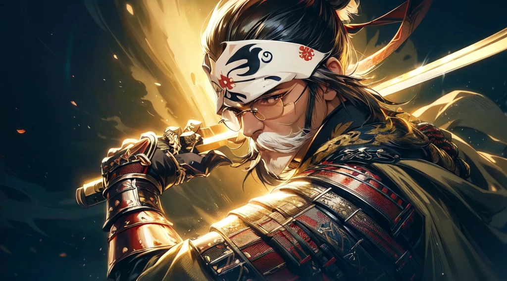 masterpiece:1.2, best quality, ultra detailed, samurai, glasses, A cover art in anime style featuring a samurai theme inspired by Ghost of Tsushima. The central figure is Jin Sakai, the protagonist, wite a gold mask that have mustashe, depicted in a dynamic and heroic pose. He is dressed in traditional samurai armor,