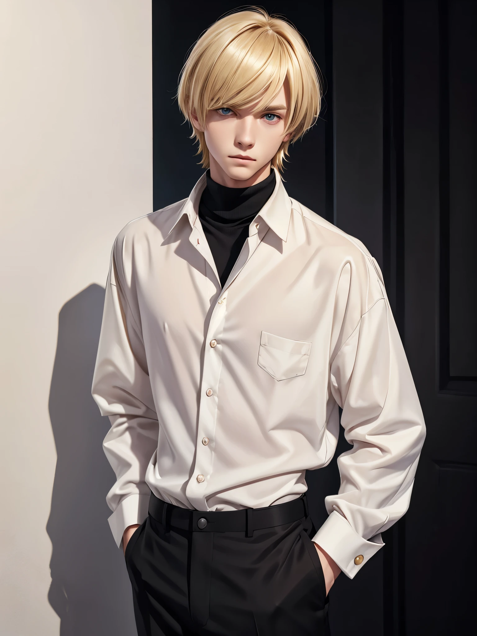 (best quality), 1boy, male, porcelain skin, blonde hair, medium hair, straight hair, side swept bangs, brown eyes, perfect eyes, oversized button-up shirt, black turtleneck, pants, skinny body, masterpiece, anatomically correct, highres
