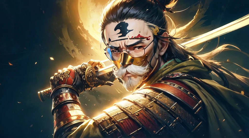 masterpiece:1.2, best quality, ultra detailed, samurai, glasses, A cover art in anime style featuring a samurai theme inspired by Ghost of Tsushima. The central figure is Jin Sakai, the protagonist,3/4 face pose. wite a gold mask that have mustashe, depicted in a dynamic and heroic pose. He is dressed in traditional samurai armor,