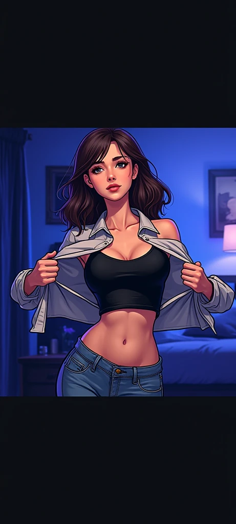 Red haired Latina, in white tank-top, white cotton panties, no pants, blue background, realistic art style, intricate details