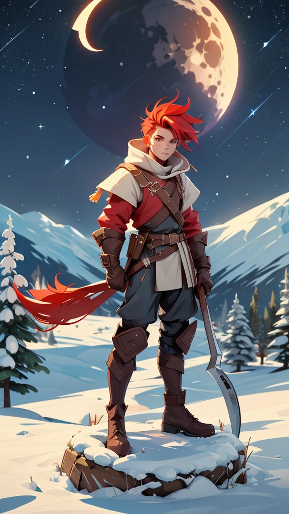 red hair male on a high hill holding an axe while looking at the moon, snow hills , stars and moon, night time