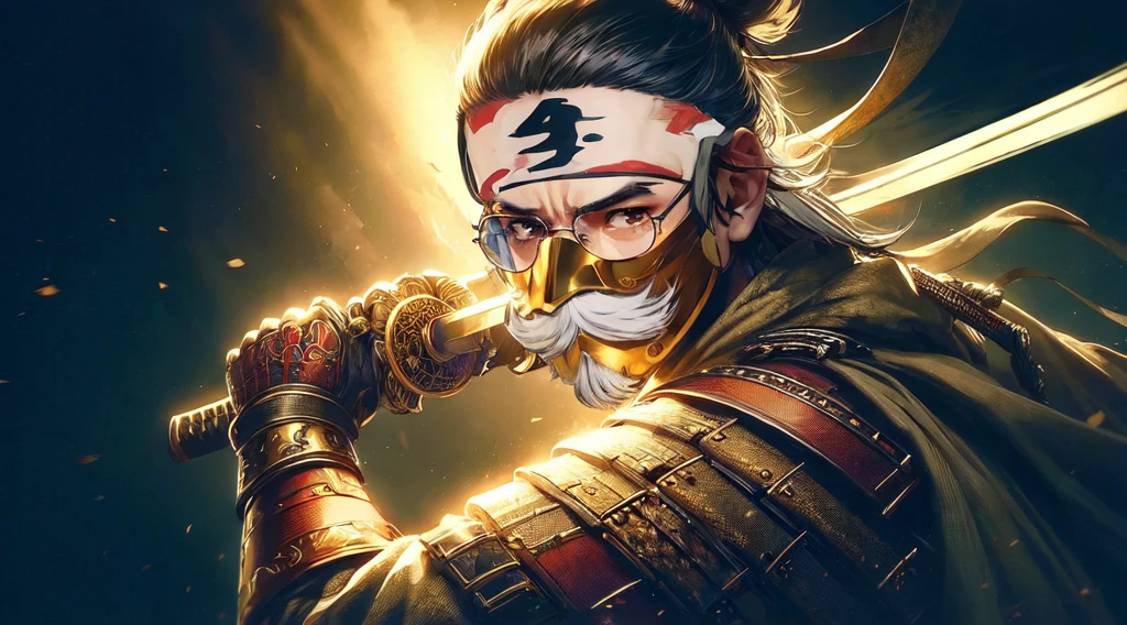 masterpiece:1.2, best quality, ultra detailed, samurai, glasses, A cover art in anime style featuring a samurai theme inspired by Ghost of Tsushima. The central figure is Jin Sakai, the protagonist,3/4 face pose. wite a gold mask that have mustashe, depicted in a dynamic and heroic pose. He is dressed in traditional samurai armor,