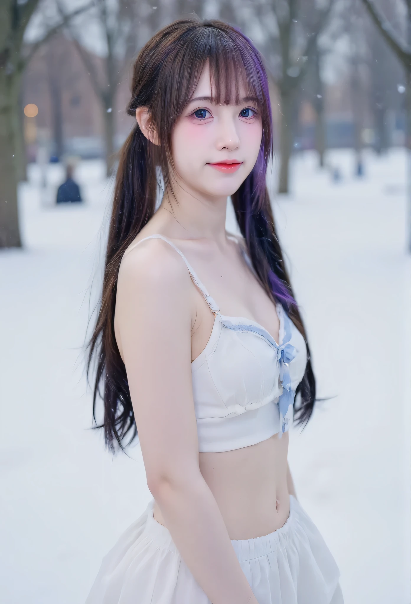 smiling, Baby face, japan girl, two-tone Hairstyle, very long hair, purple hair, medium breasts, pinkish-white shiny Skin, naked, nude with snowflakes, snow ice, Cold weather, full body, Standing, full body